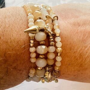 Park Lane Creme, 4 Stretch Bracelets, white pearly beads, gold & crystals